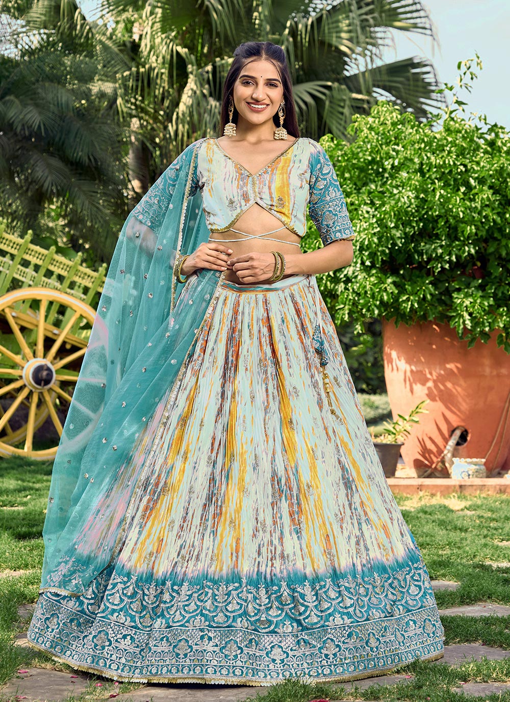 Multi Colour Chinon Digital Print, Embroidered And Sequins Work A - Line Lehenga Choli For Casual