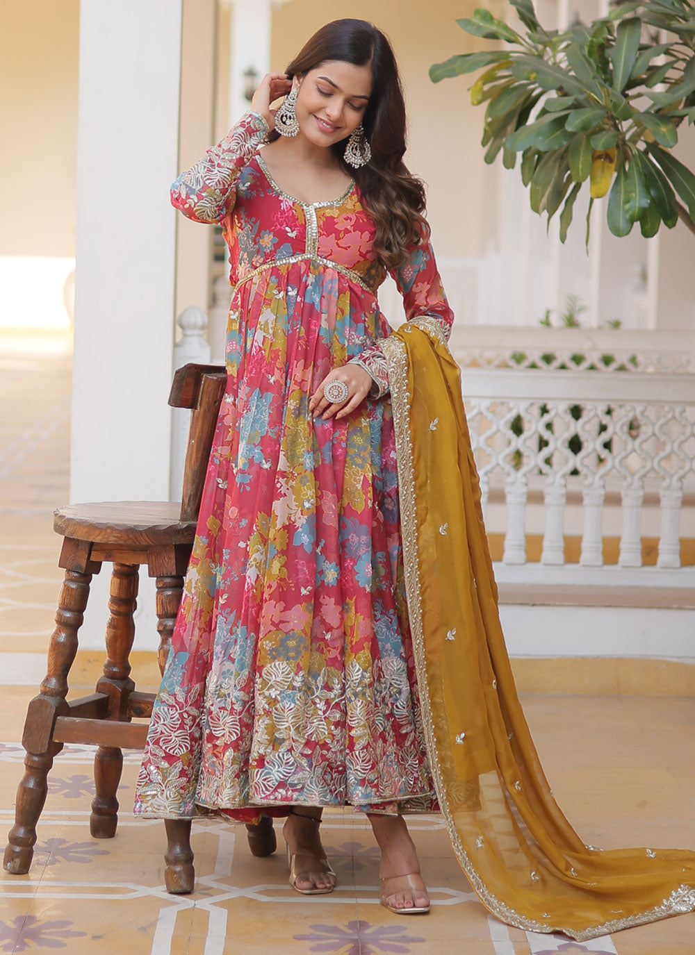 Multi Colour Silk Indian Gown With Digital Print, Embroidered And Sequins Work