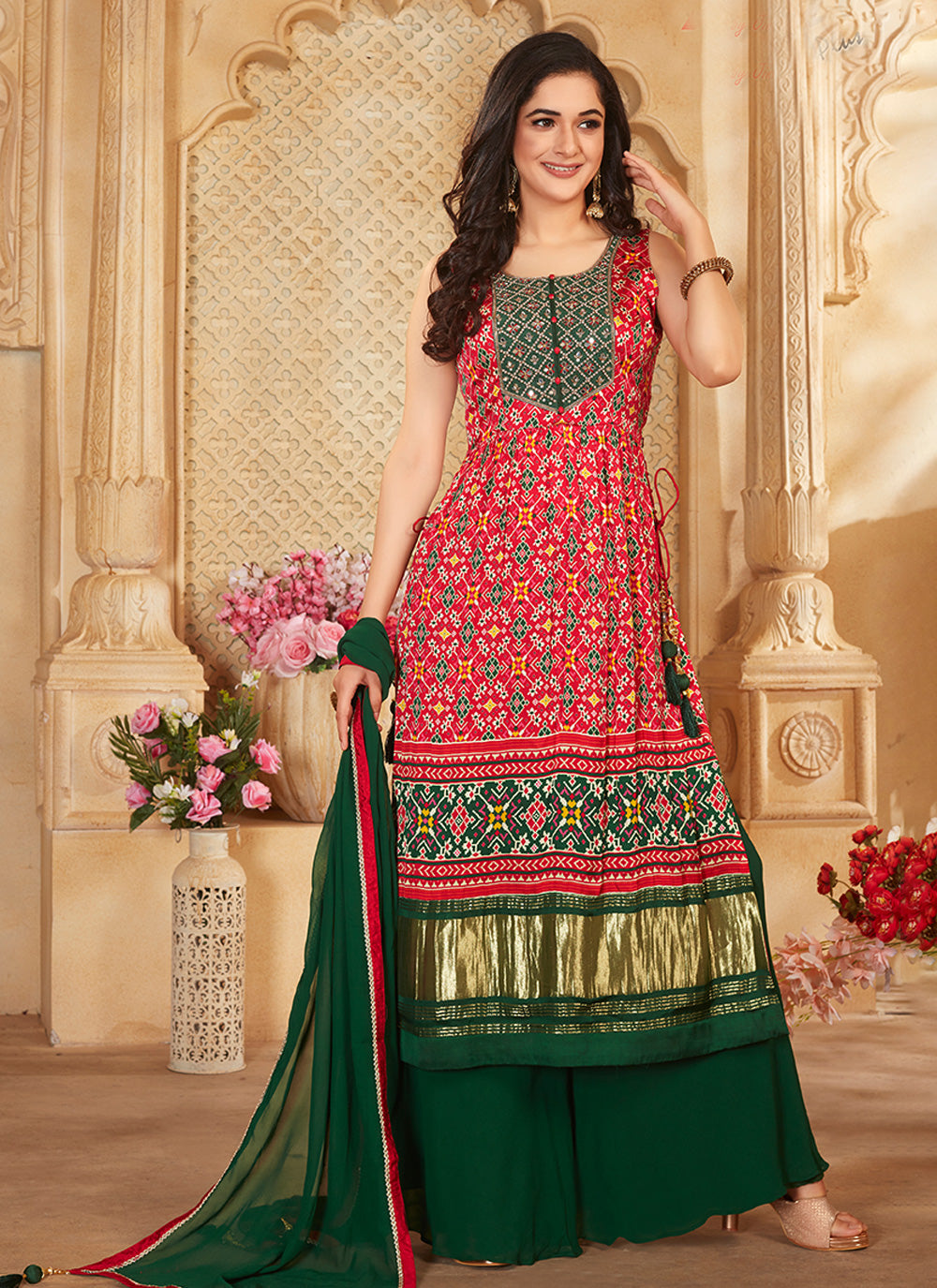 Silk Green and Red Mirror Trendy Salwar Kameez