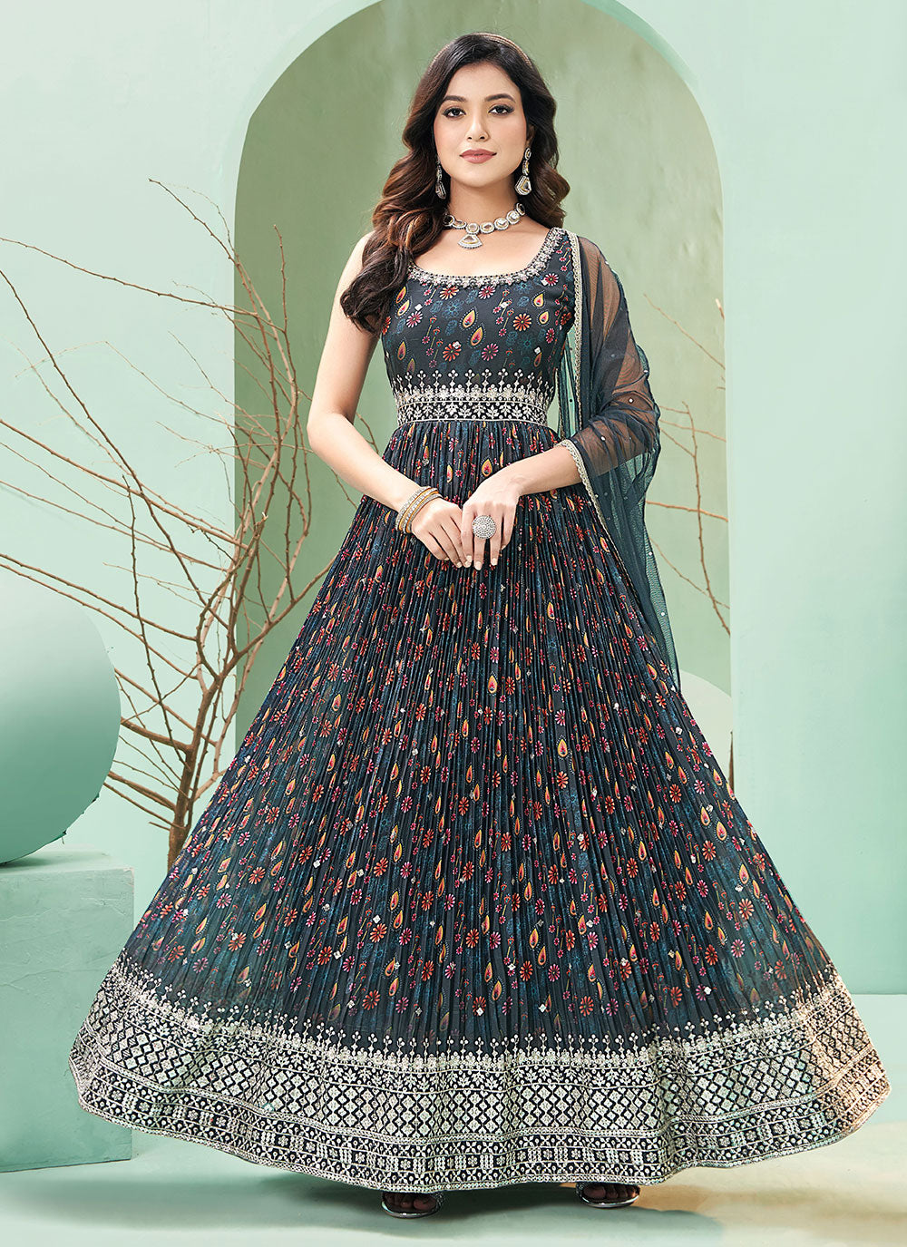 Majestic Multi Colour Georgette Indian Gown