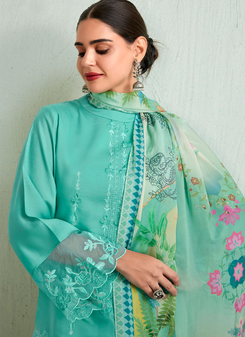 Embroidered And Resham Work Muslin Pant Style Suit In Turquoise