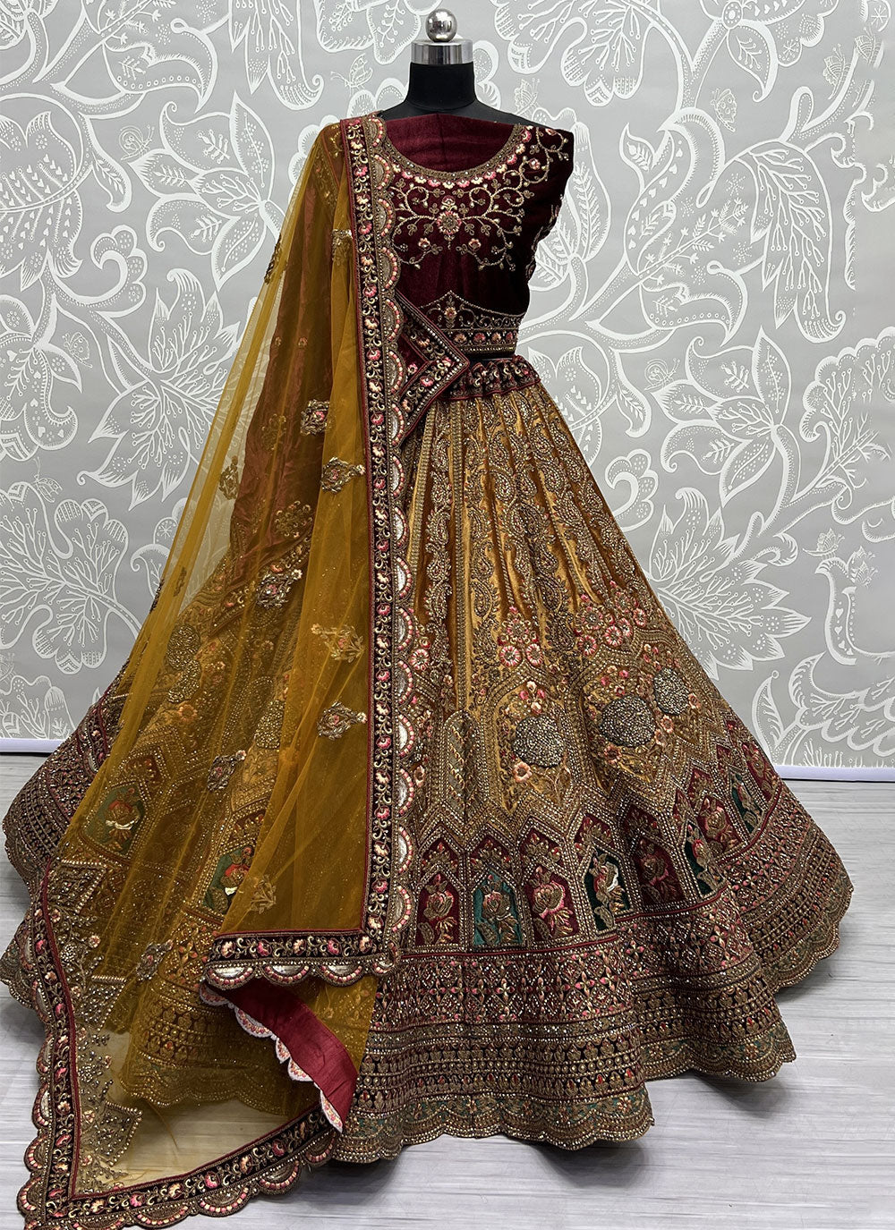 Diamond, Dori, Patch Border, Sequins, Thread And Zari Work Velvet A - Line Lehenga Choli In Mustard For Bridal