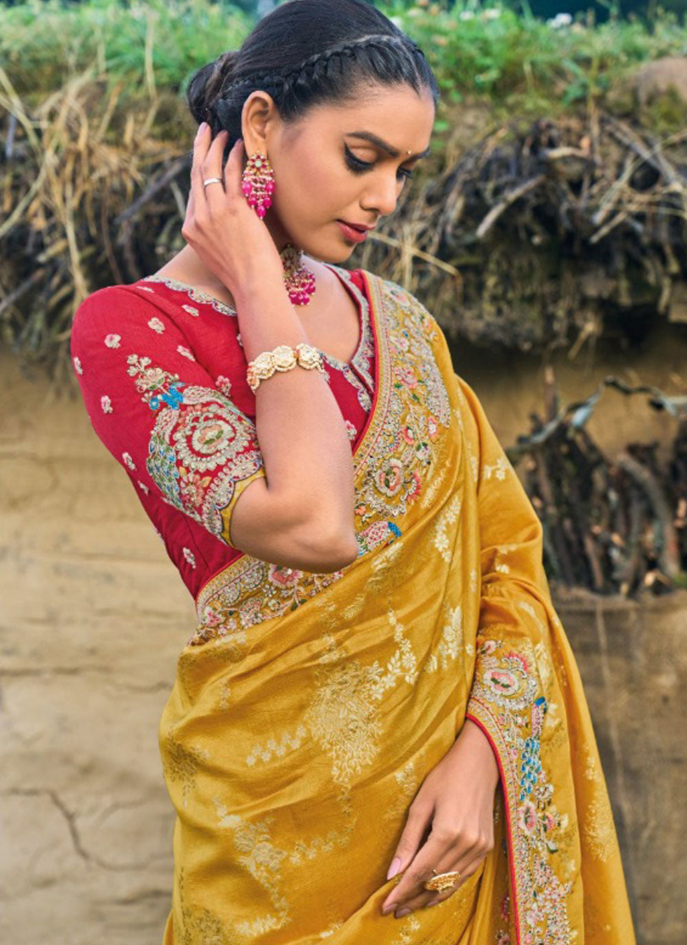 Silk Designer Sari In Mustard