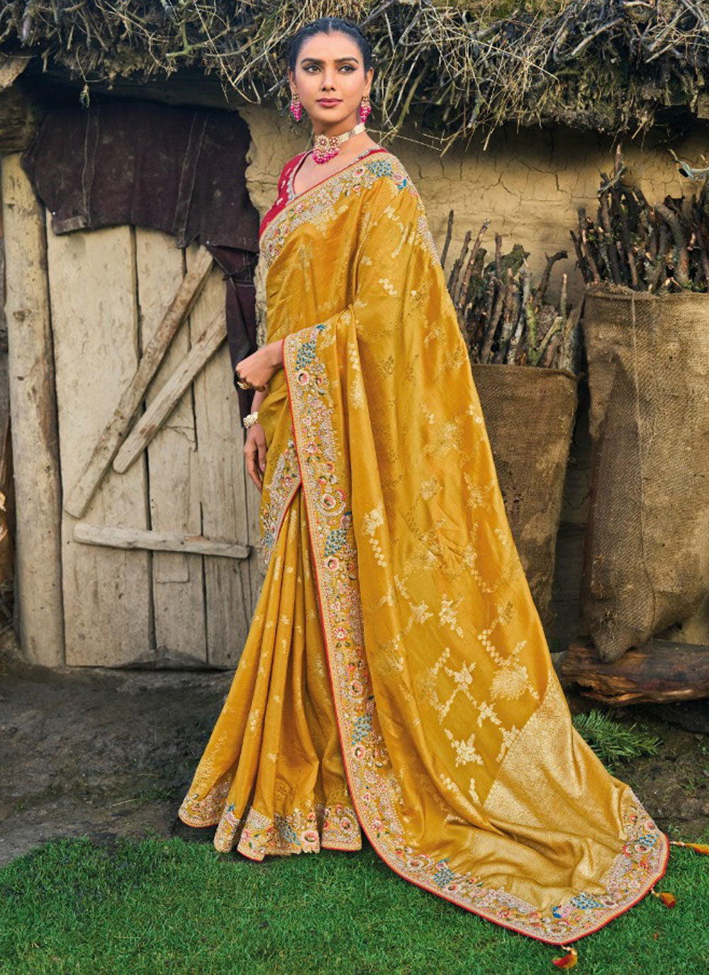 Silk Designer Sari In Mustard