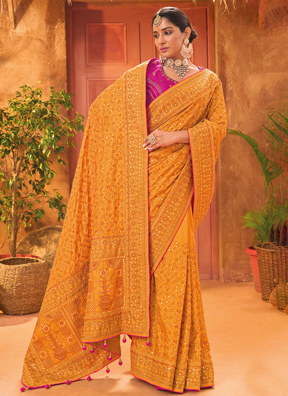 Mustard Banarasi Silk Classic Saree With Diamond, Hand And Mirror Work