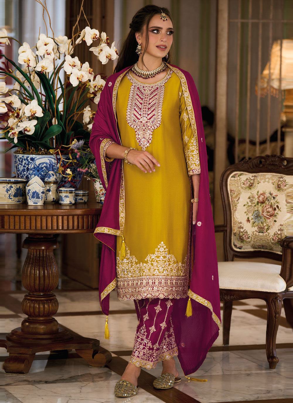 Silk Readymade Salwar Suit In Mustard For Ceremonial