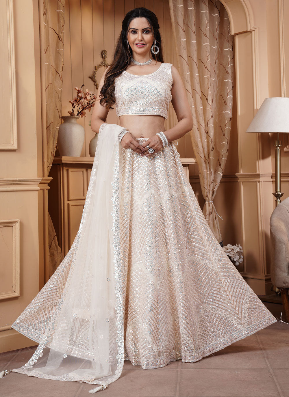 Cream Net Embroidered And Sequins Work Readymade Lehenga Choli For Engagement