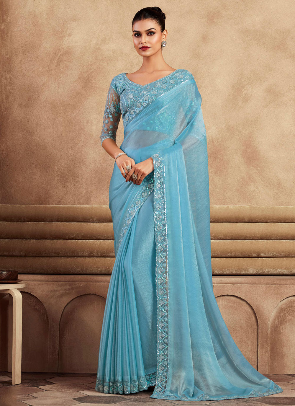 Firozi Silk Patch Border, Embroidered And Sequins Work Contemporary Saree For Engagement
