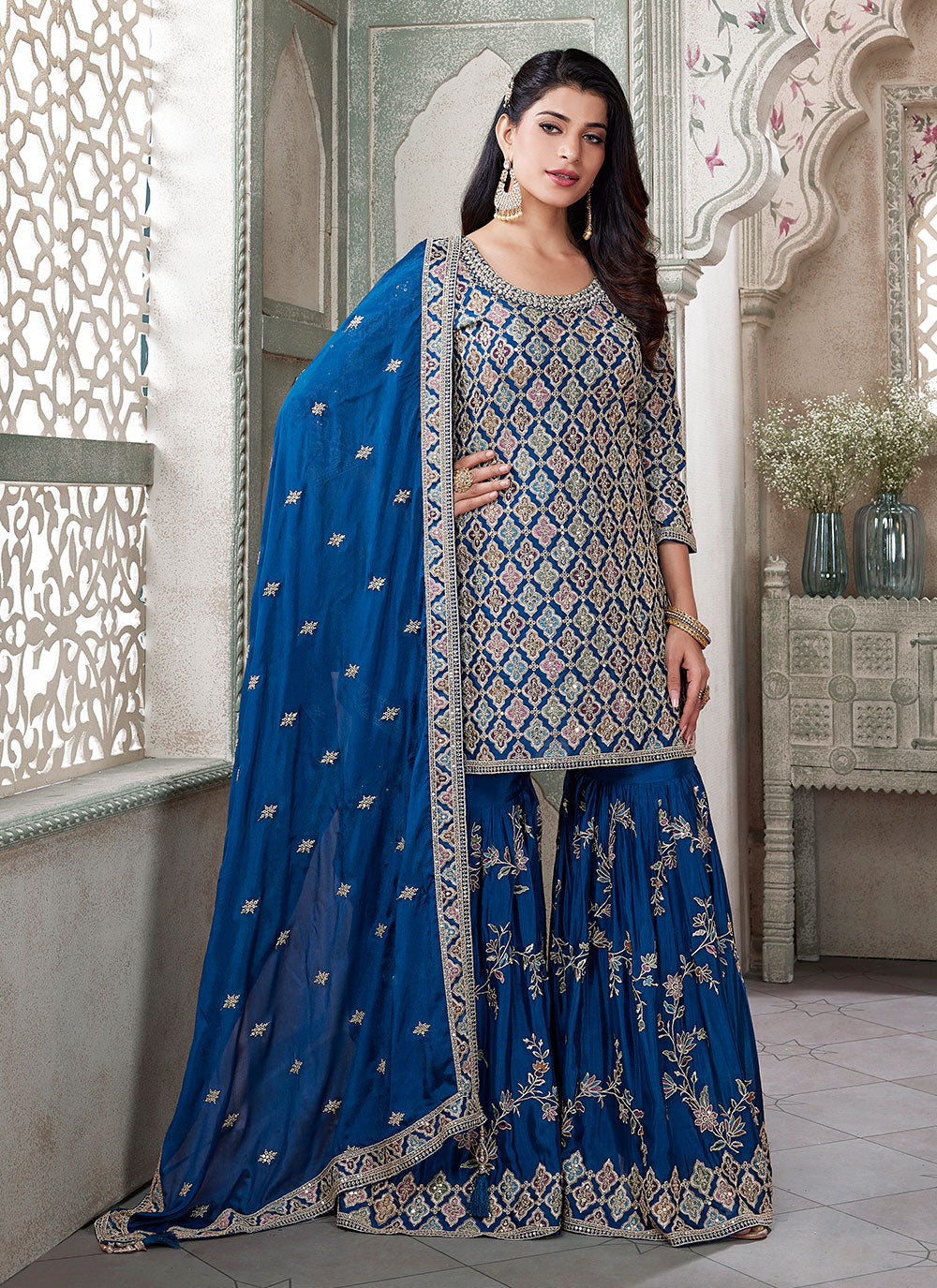 Silk Palazzo Suit With Embroidered Work