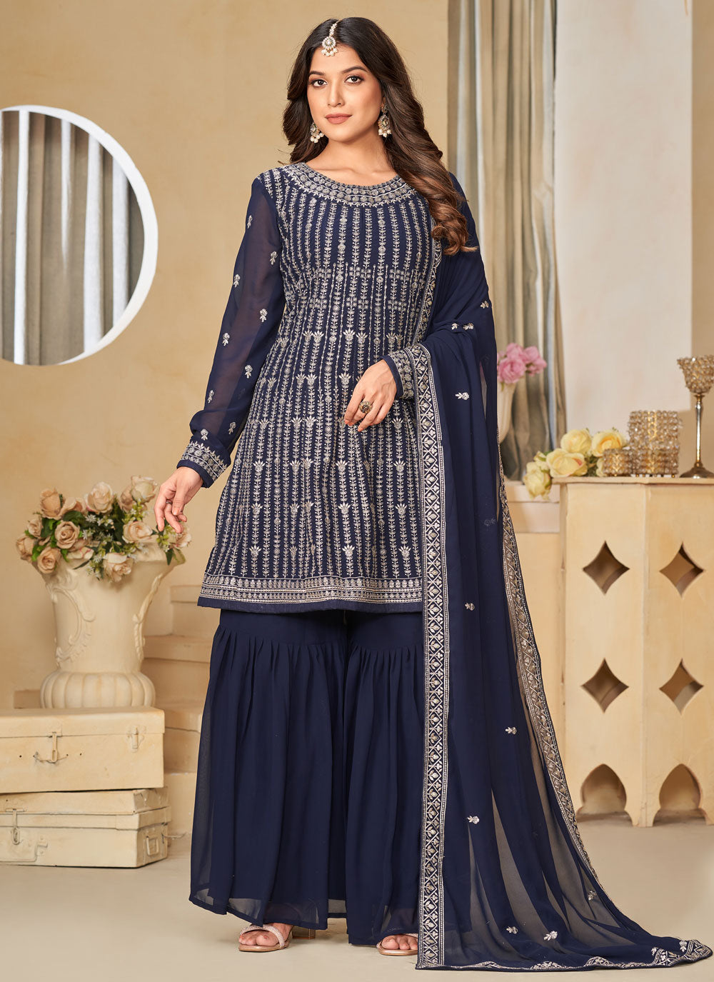Blue Faux Georgette Salwar Suit With Embroidered Work For Engagement