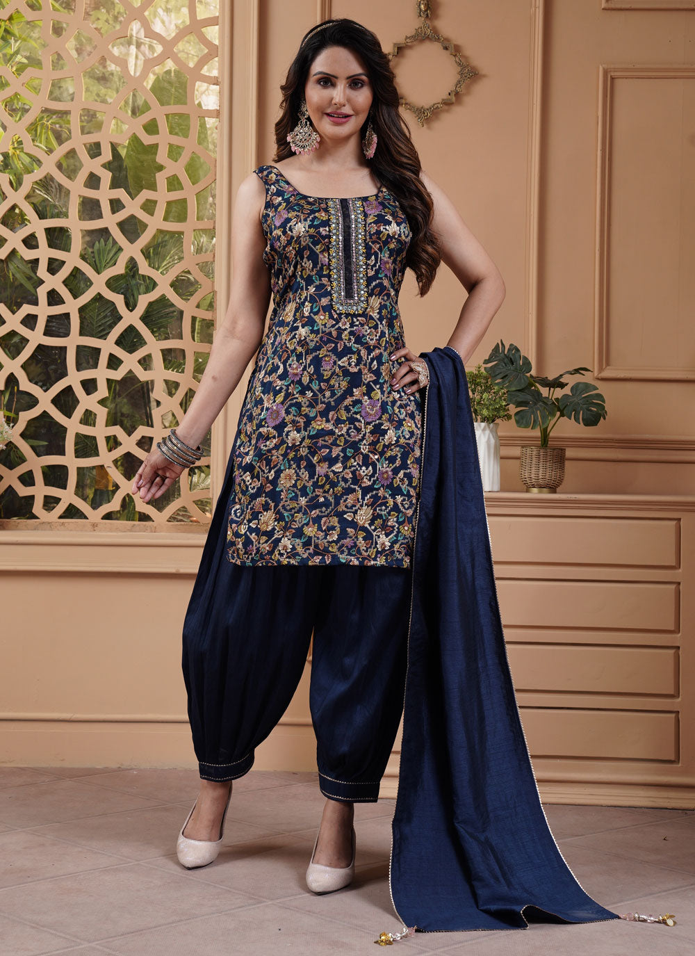 Embroidered Work Jacquard Salwar Suit In Blue For Ceremonial