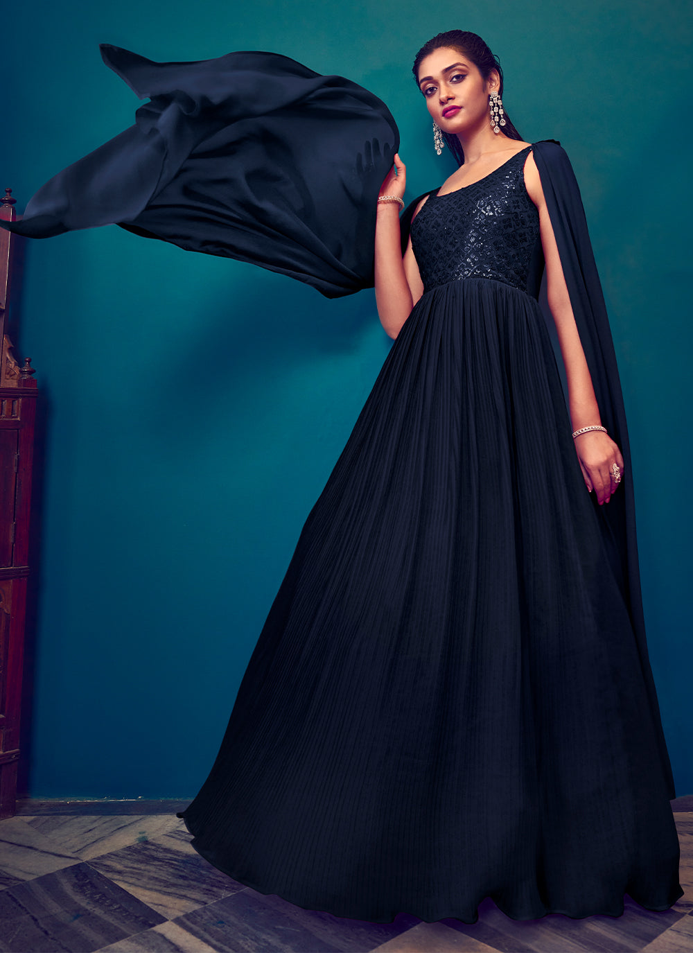 Navy Blue Georgette Party Gown