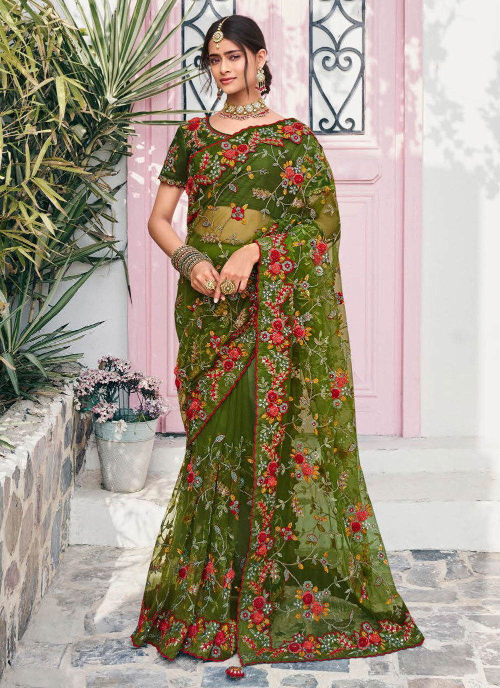 Green Net Embroidered Work Contemporary Sari For Ceremonial