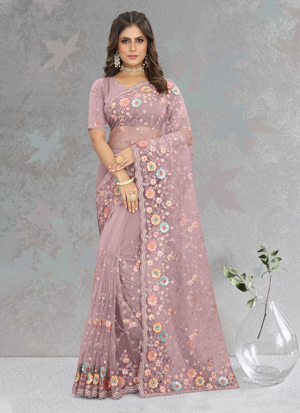 Wedding Net Contemporary Style Saree In Pink
