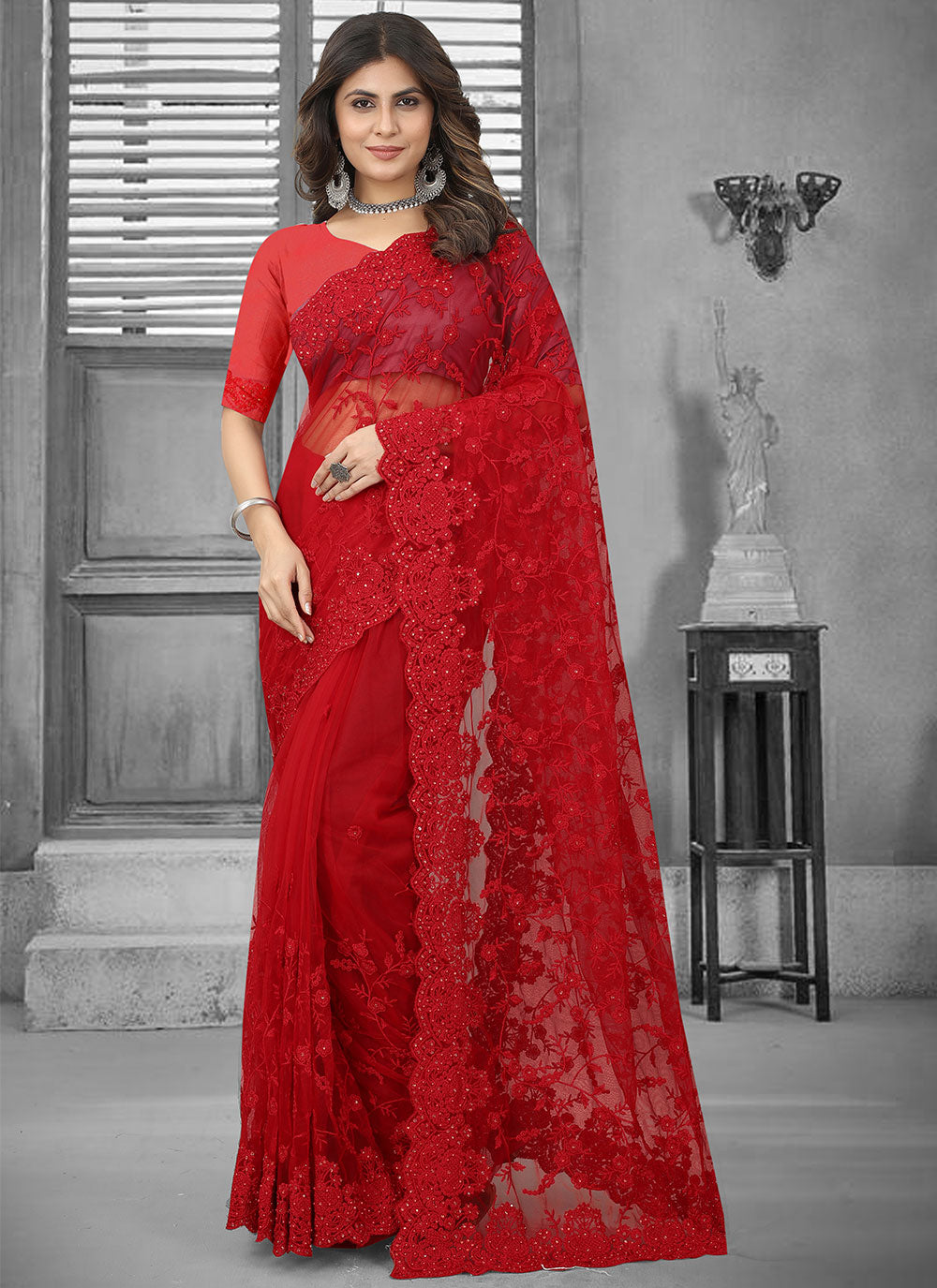 Contemporary Style Saree In Red