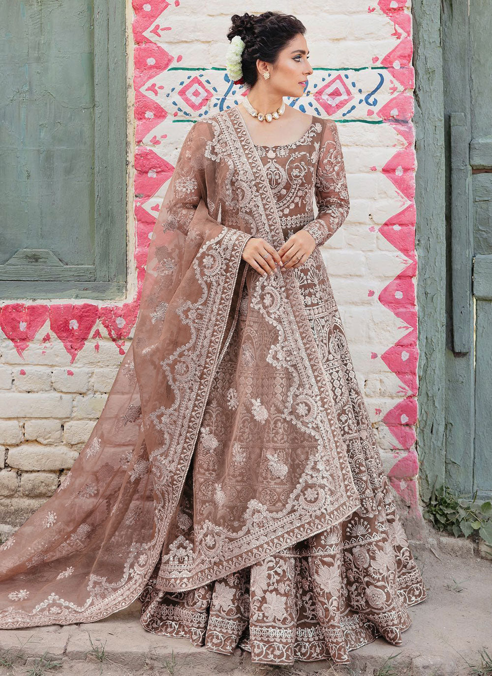 Brown Net Designer Gown With Embroidered Work For Women