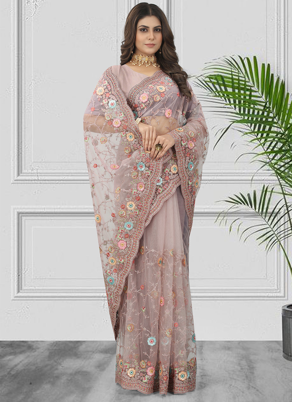 Embroidered Contemporary Style Saree in Mauve