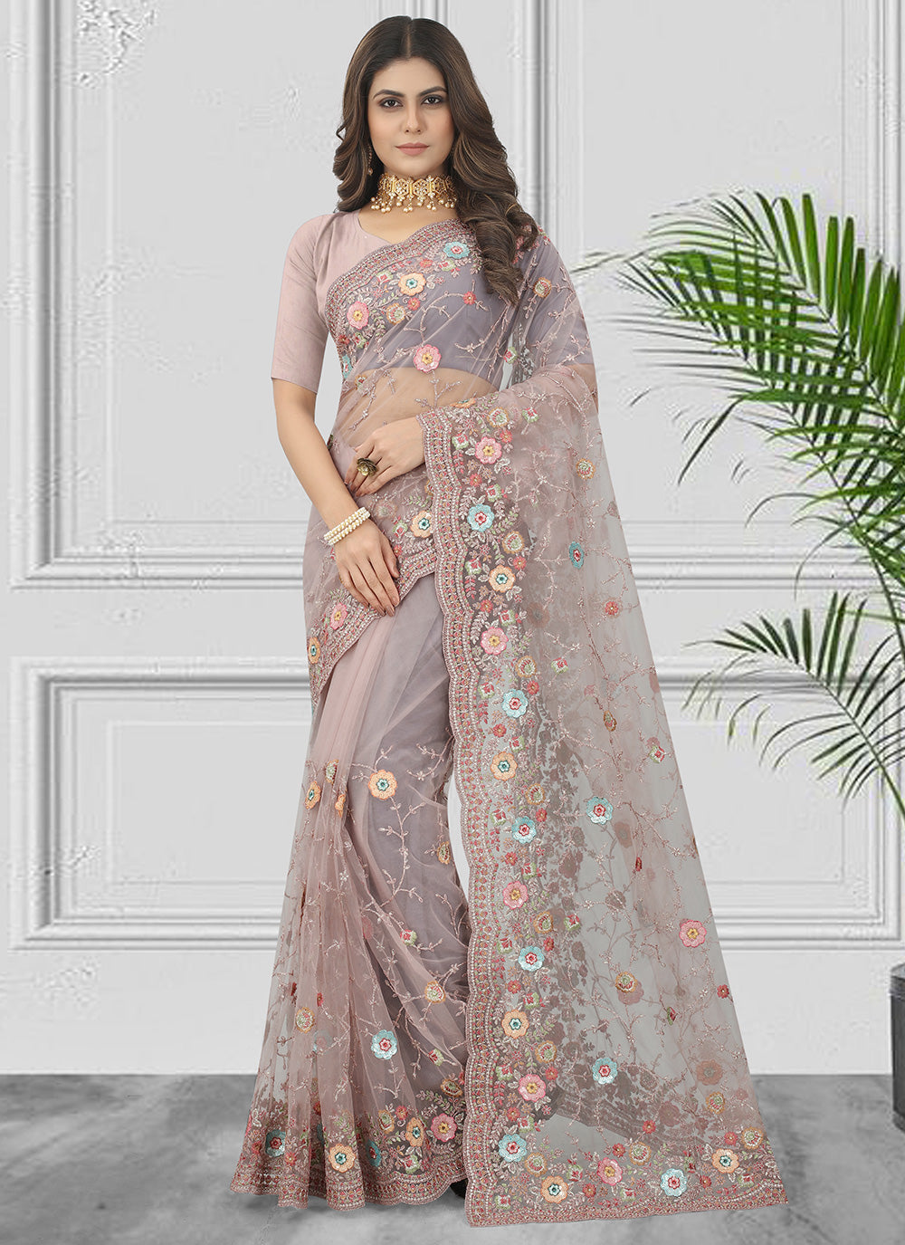 Embroidered Contemporary Style Saree in Mauve