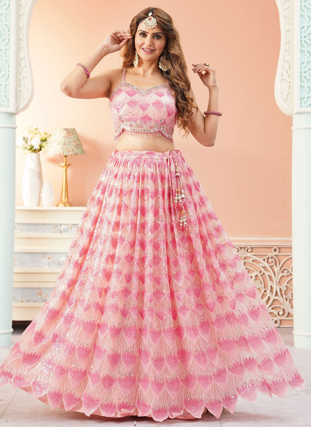 Pink Net Embroidered And Sequins Work Readymade Lehenga Choli For Women