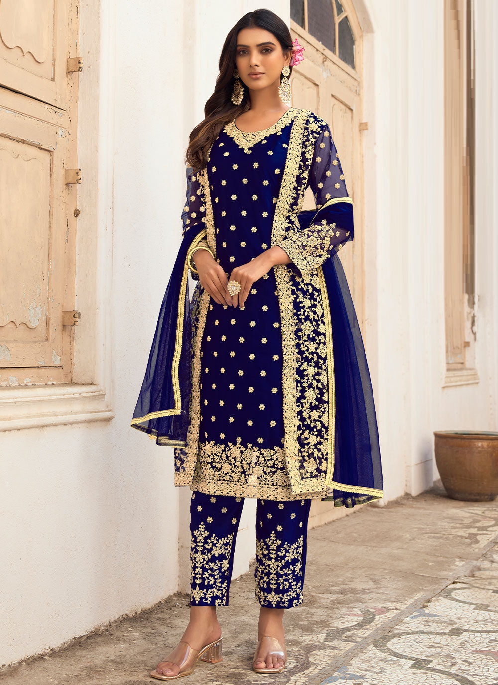 Net Navy Blue Embroidered Pant Style Suit