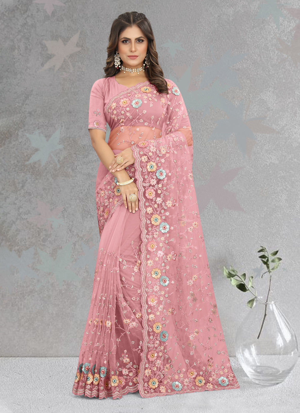 Net Pink Classic Saree For Wedding 