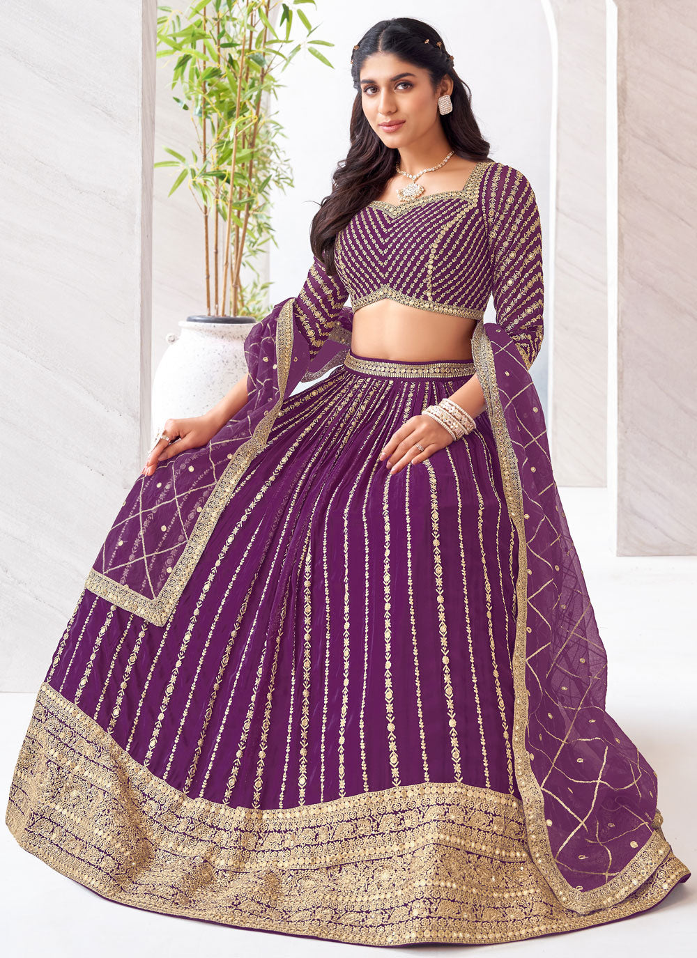 Purple Net Readymade Lehenga Choli With Embroidered And Sequins Work
