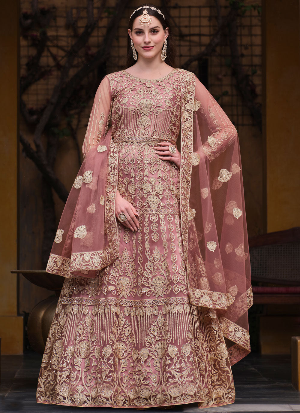 Pink Embroidered And Stone Work Net Fabric Salwar Suit