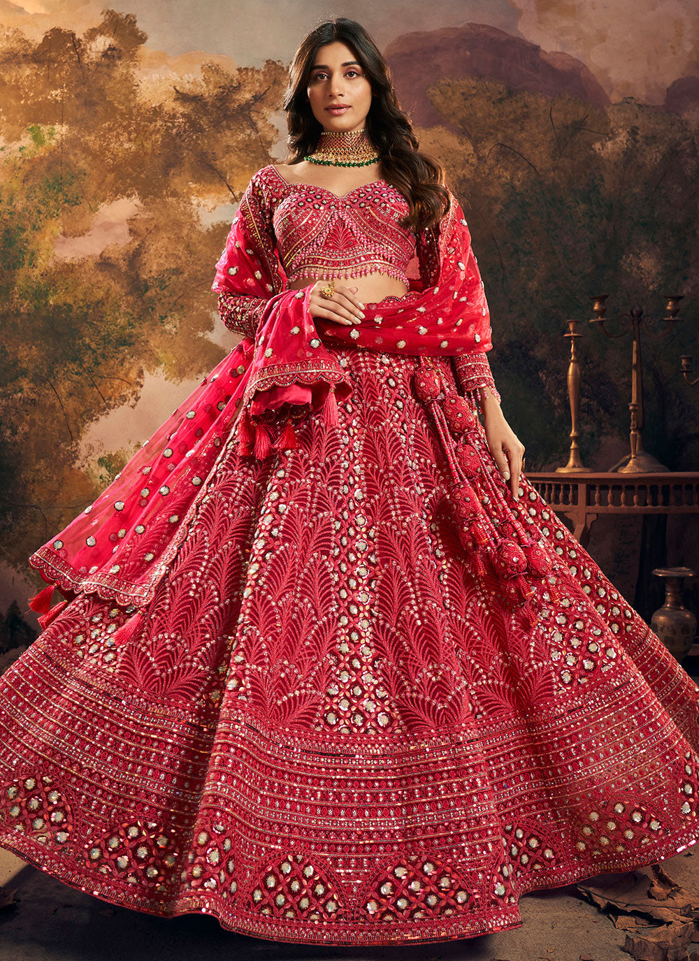 Net Embroidered Readymade Lehenga Choli In Red 