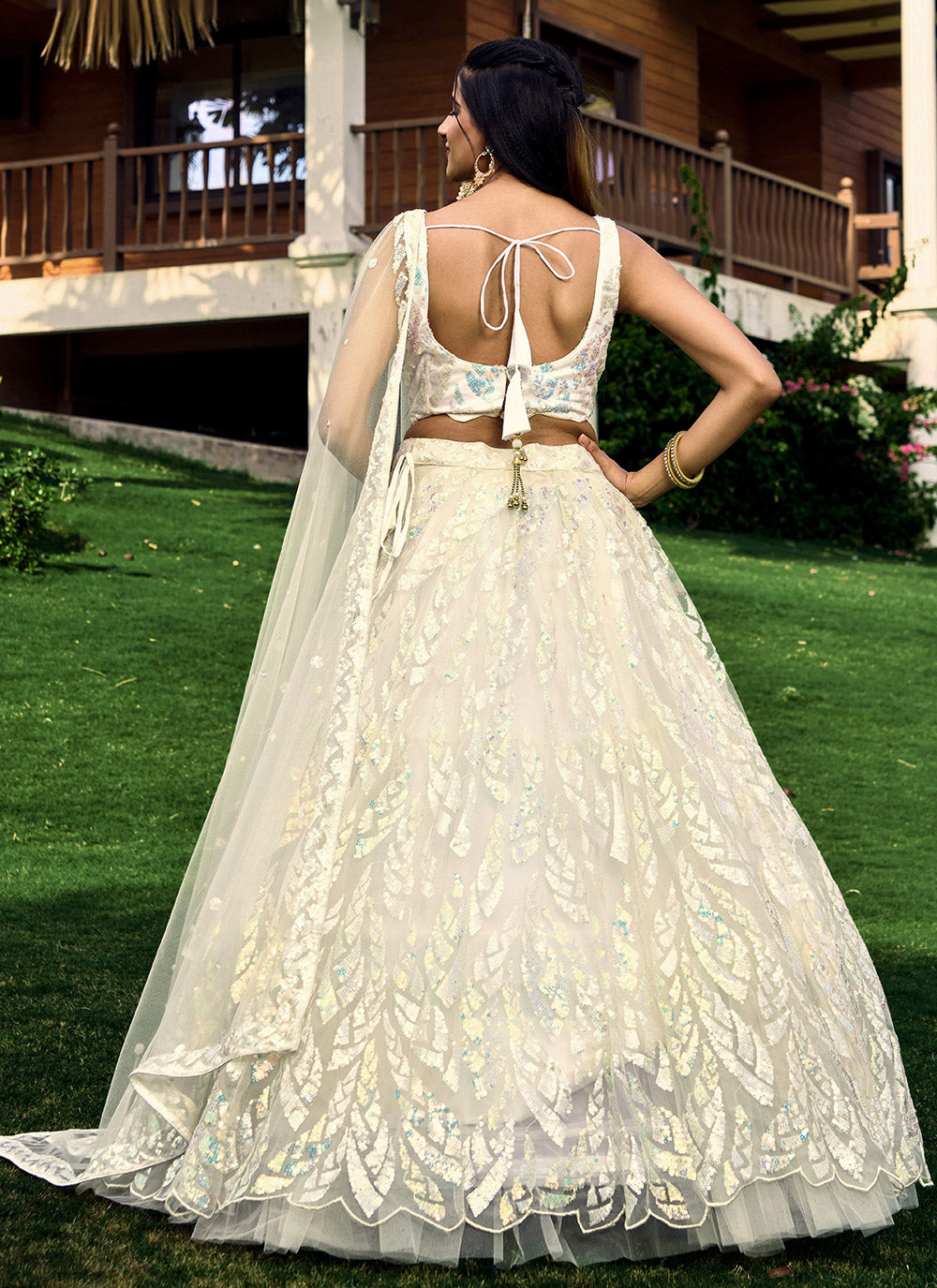 Embroidered, Sequins And Thread Work Net A - Line Lehenga Choli In White