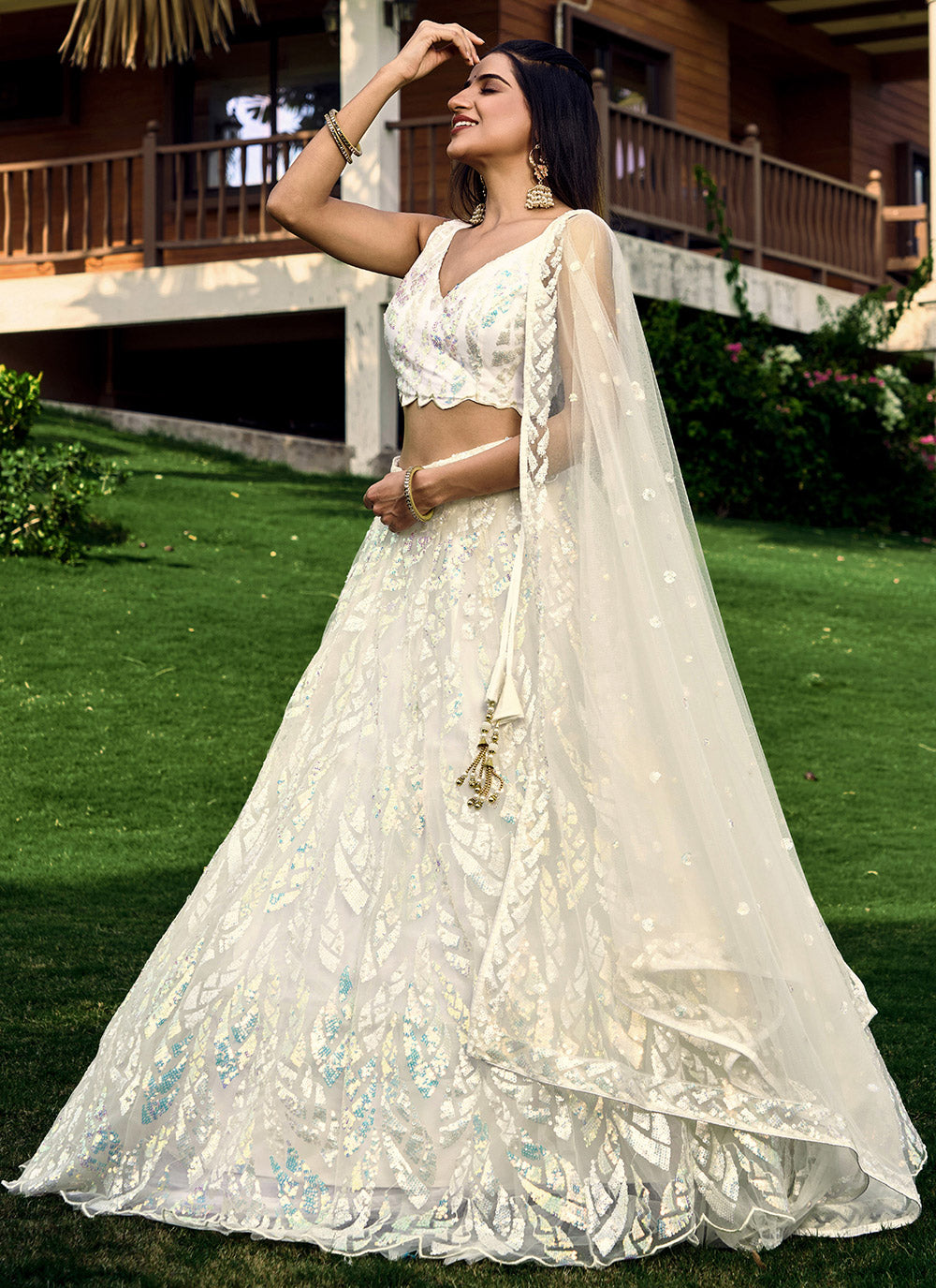 Embroidered, Sequins And Thread Work Net A - Line Lehenga Choli In White