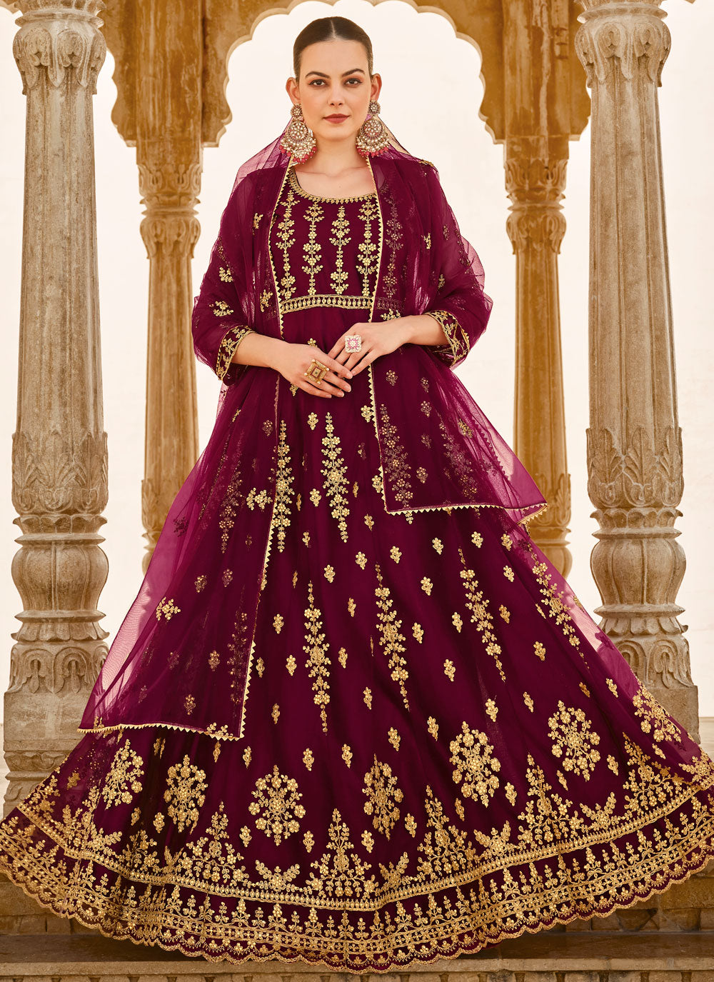 Wine Net Salwar Suit With Embroidered And Stone Work