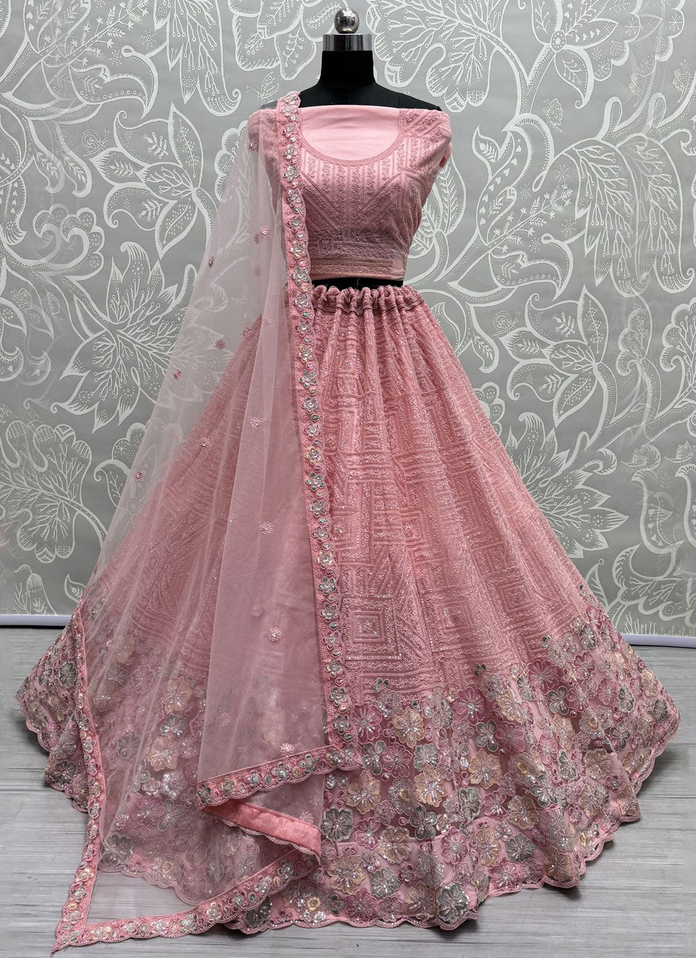 Pink Net Diamond, Embroidered, Sequins, Thread And Zari Work A - Line Lehenga Choli For Engagement