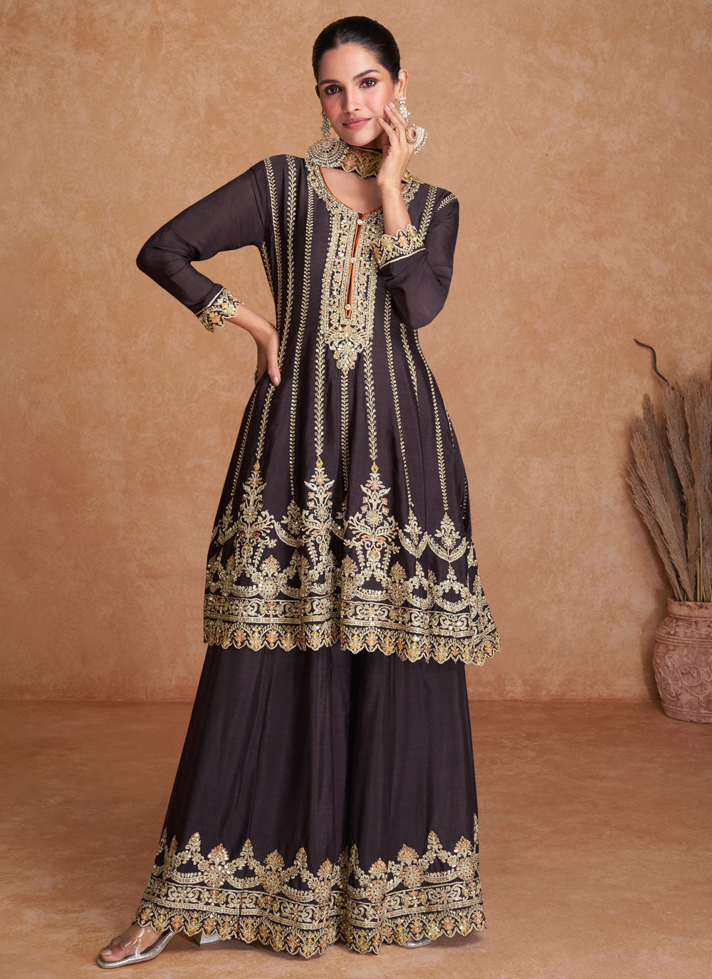 Brown Embroidered And Sequins Work Chinon Readymade Salwar Suit