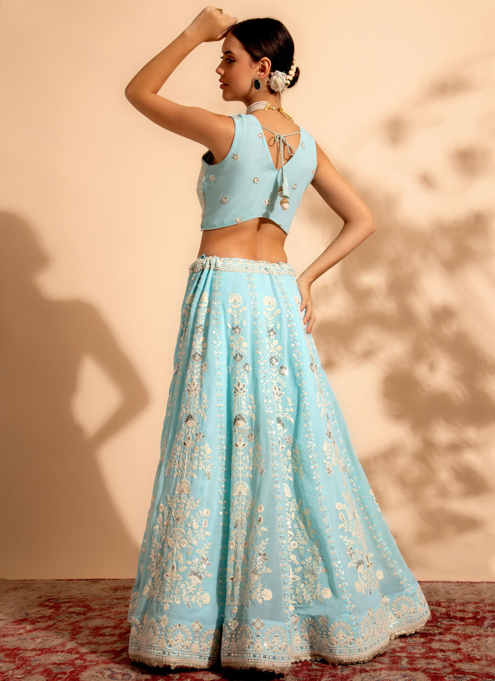 Aqua Blue Georgette Embroidered, Sequins And Thread Work Readymade Lehenga Choli For Reception
