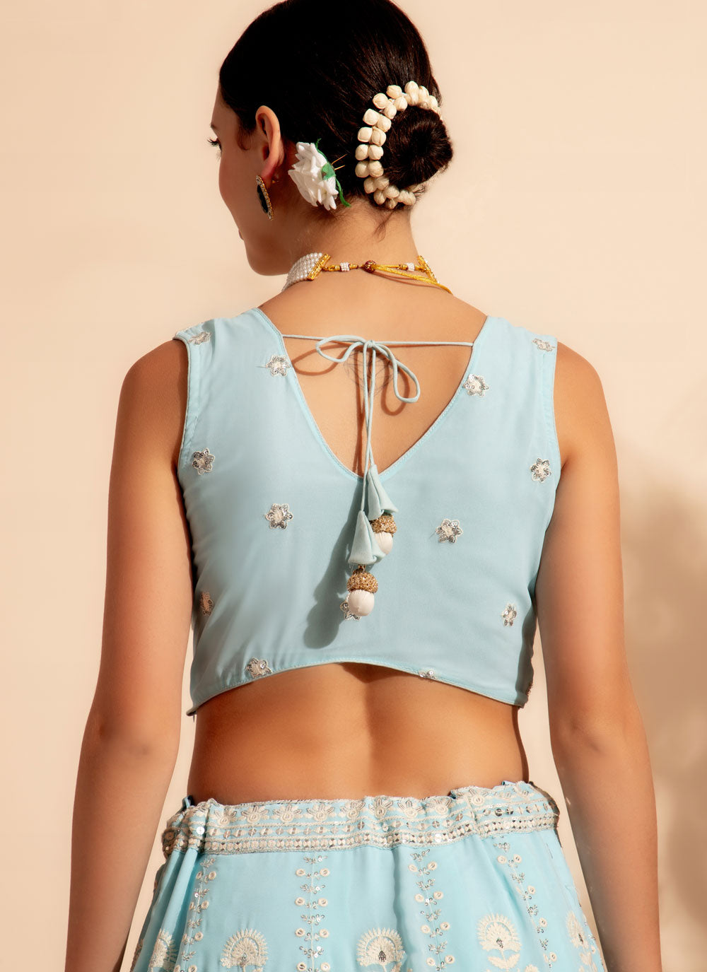 Aqua Blue Georgette Embroidered, Sequins And Thread Work Readymade Lehenga Choli For Reception