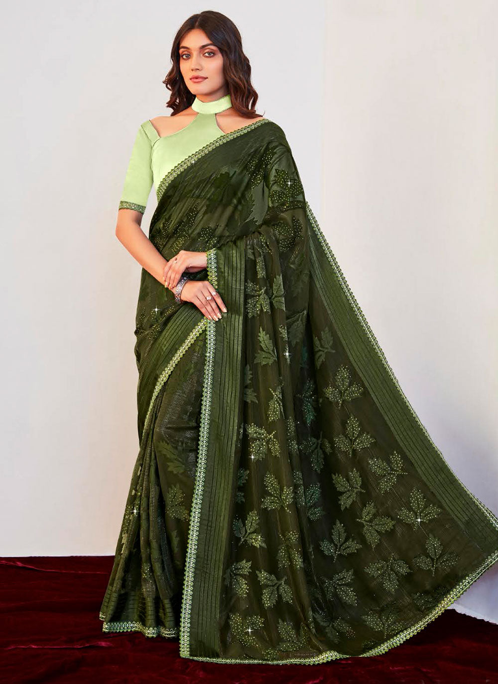 Green Brasso Fancy And Lace Work Classic Saree