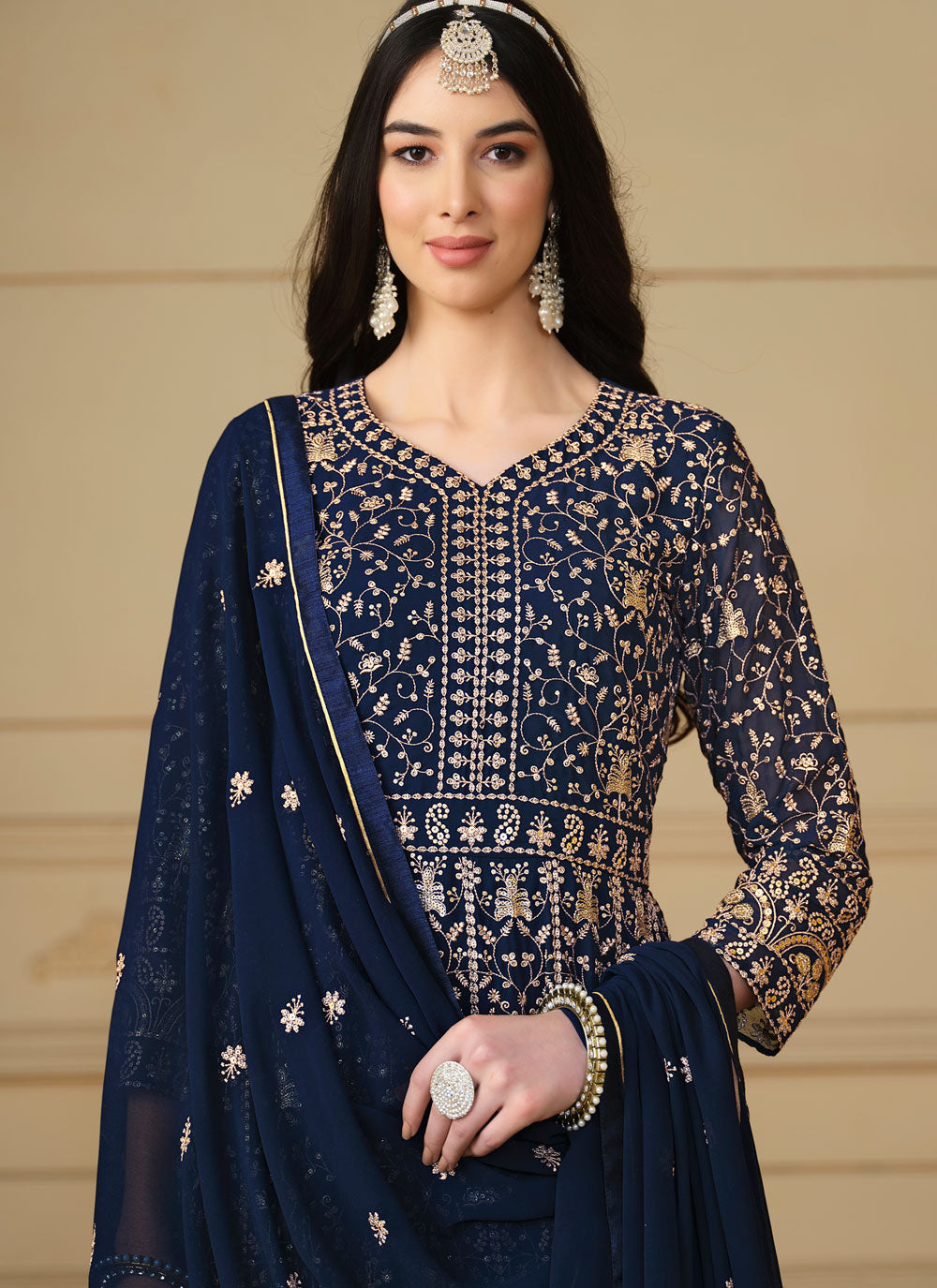 Blue Faux Georgette Salwar Suit With Embroidered And Sequins Work