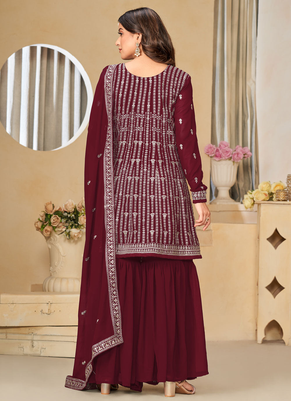 Maroon Faux Georgette Salwar Suit With Embroidered Work For Women
