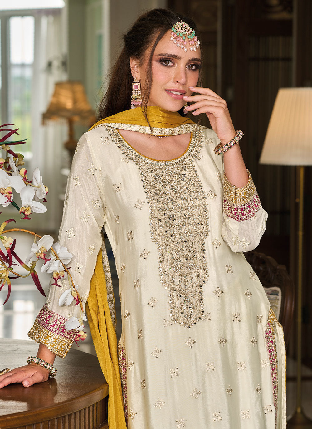 Silk Readymade Salwar Suit In Off White
