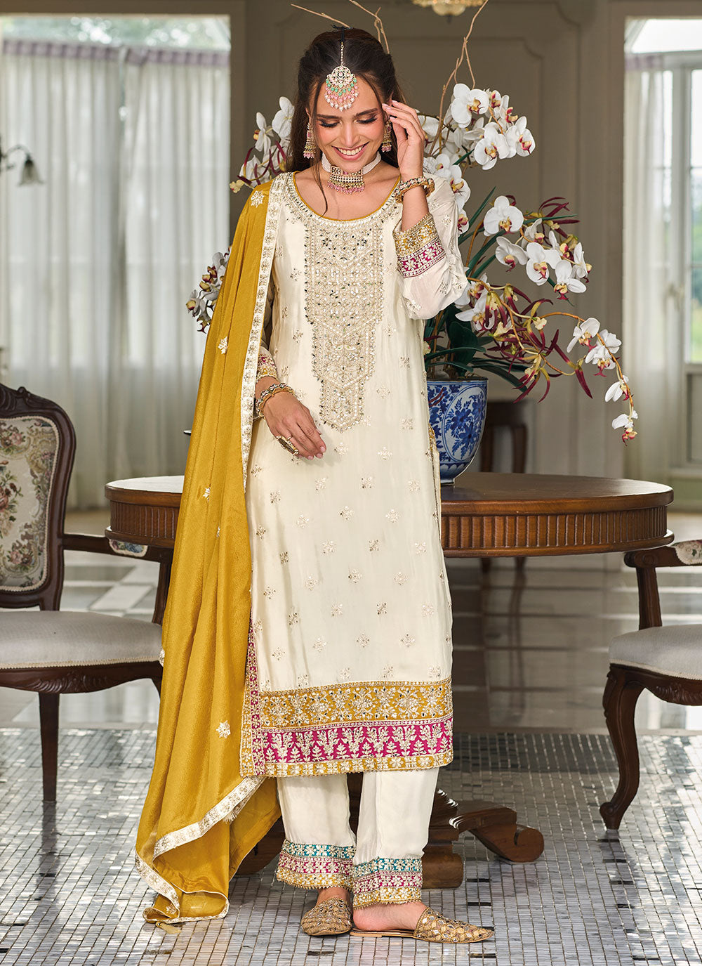 Silk Readymade Salwar Suit In Off White