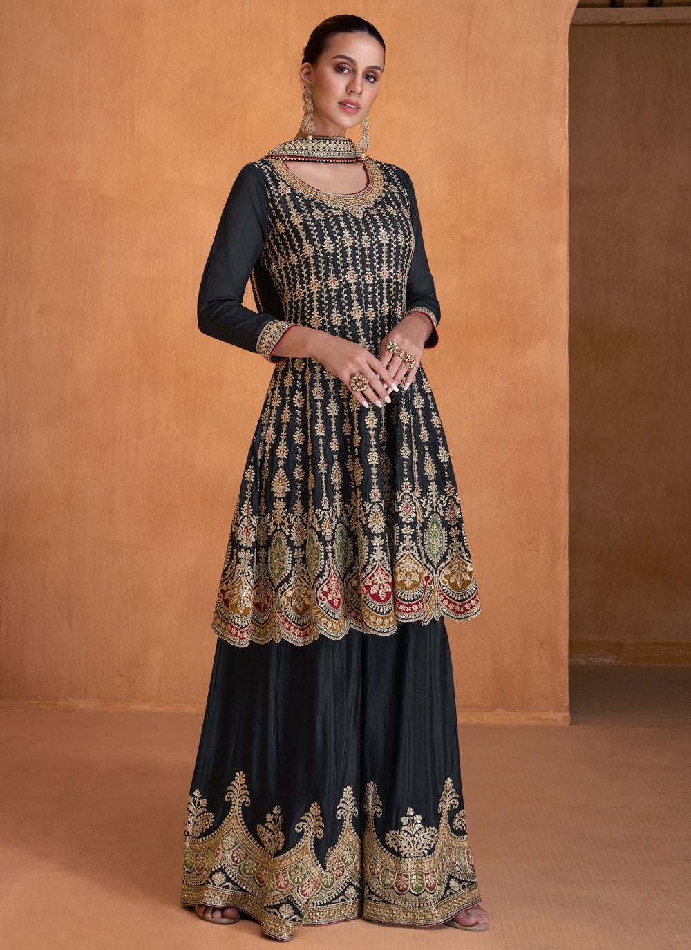 Embroidered And Sequins Work Chinon Readymade Salwar Suit In Black
