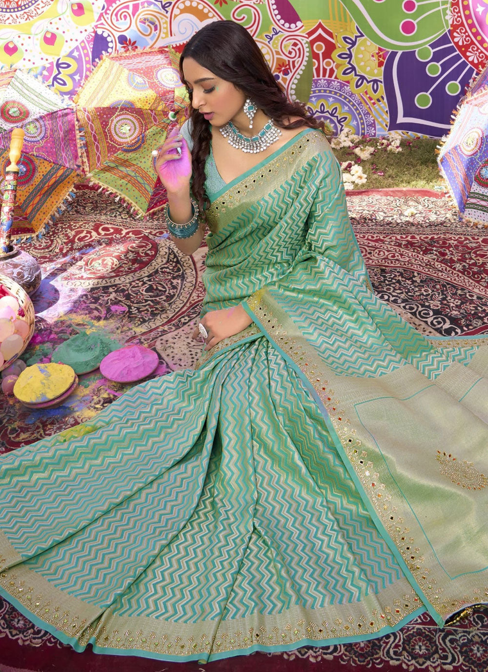 Sea Green Brocade Classic Sari With Hand And Mirror Work For Engagement