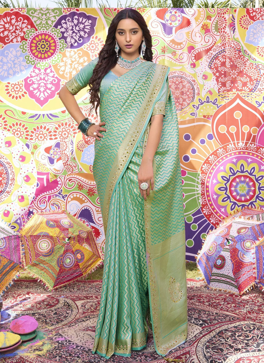 Sea Green Brocade Classic Sari With Hand And Mirror Work For Engagement