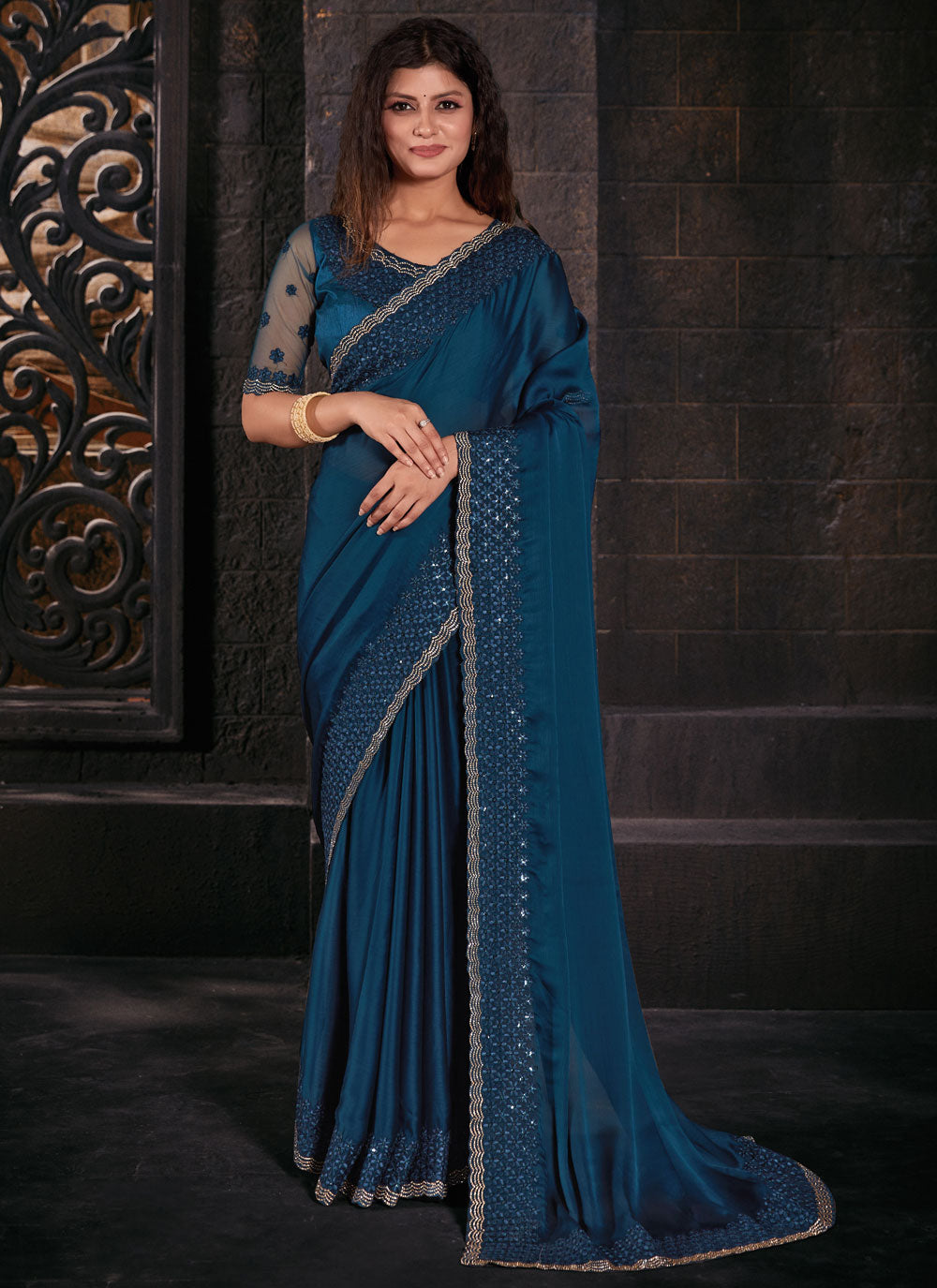 Teal Chiffon Satin Patch Border, Embroidered And Sequins Work Trendy Saree For Women
