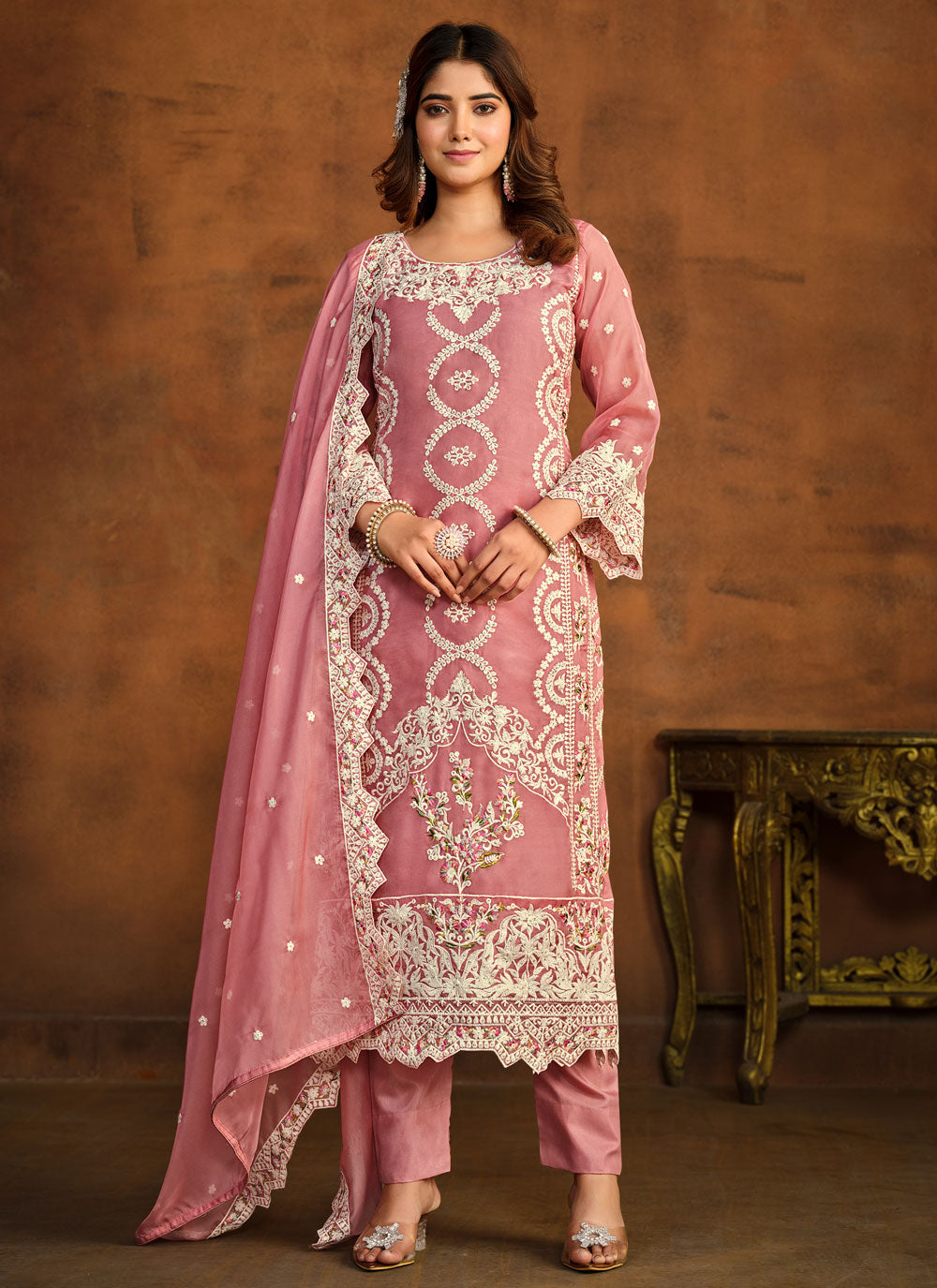 Pink Organza Embroidered Work Trendy Suit