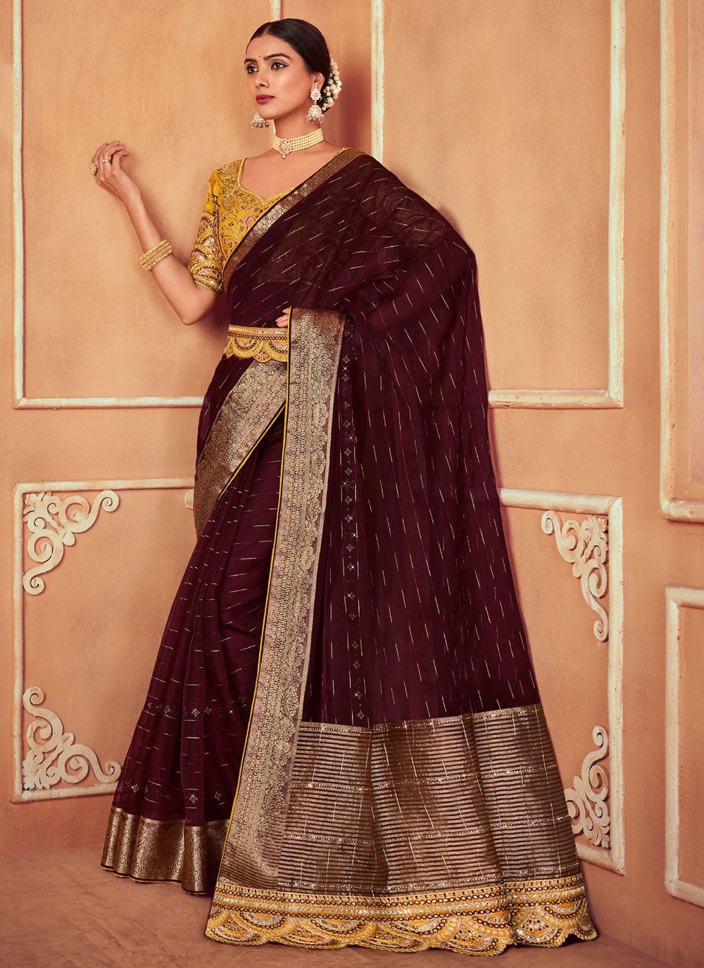 Wine Organza Trendy Saree With Embroidered, Mirror And Sequins Work