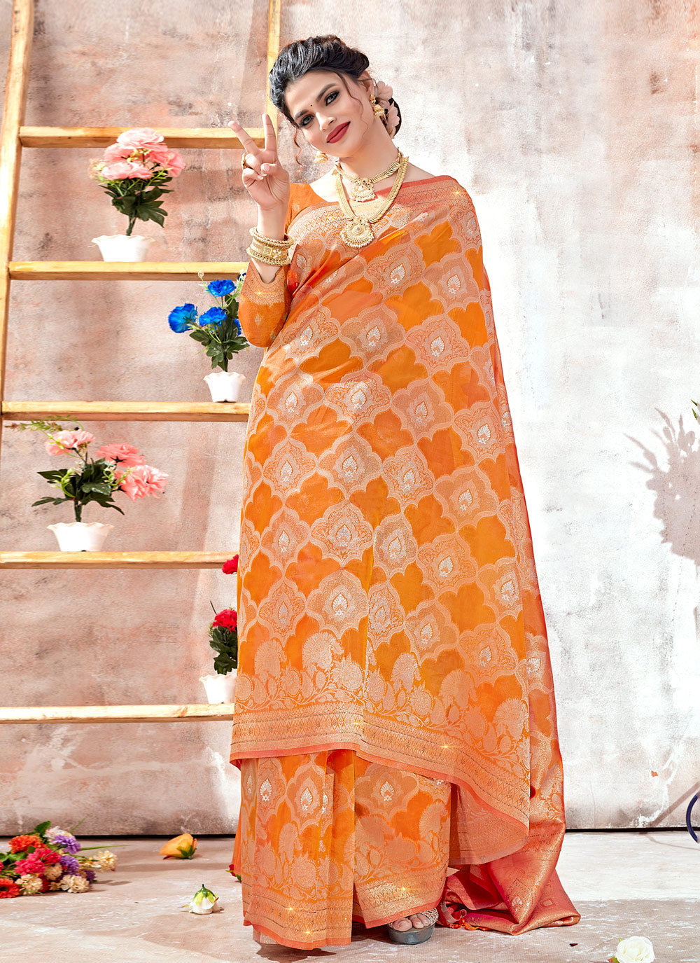Organza Weaving Designer Saree In Orange