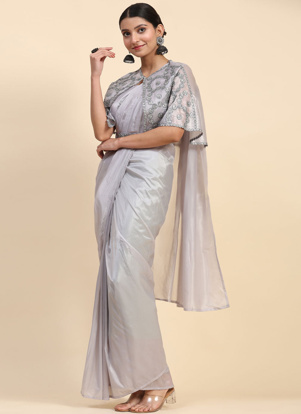 Embroidered And Sequins Work Imported Trendy Saree In Grey