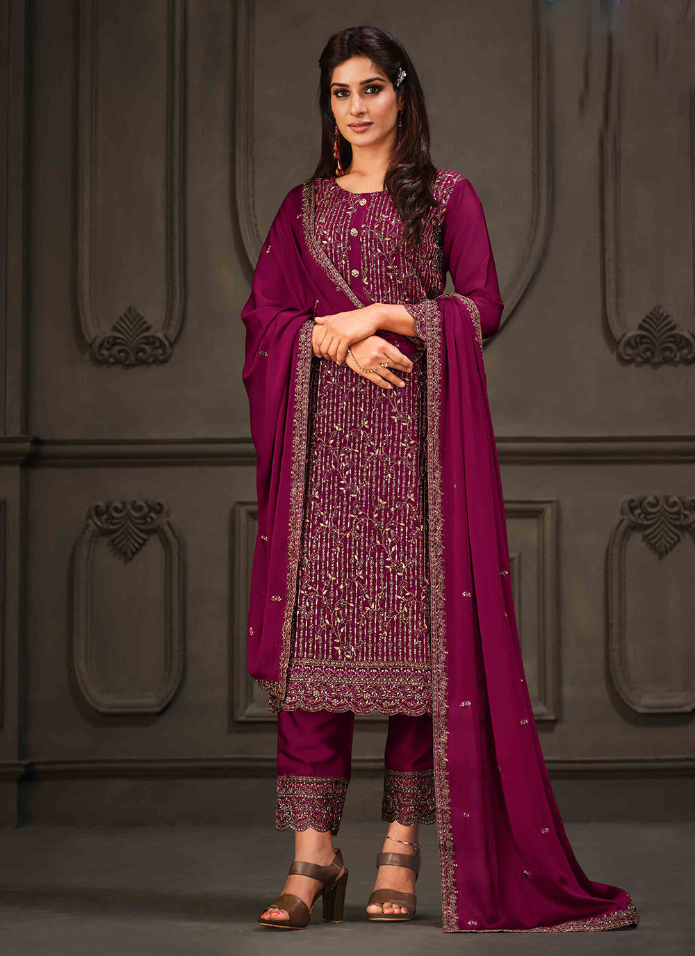 Pant Style Suit Embroidered Georgette In Engagement