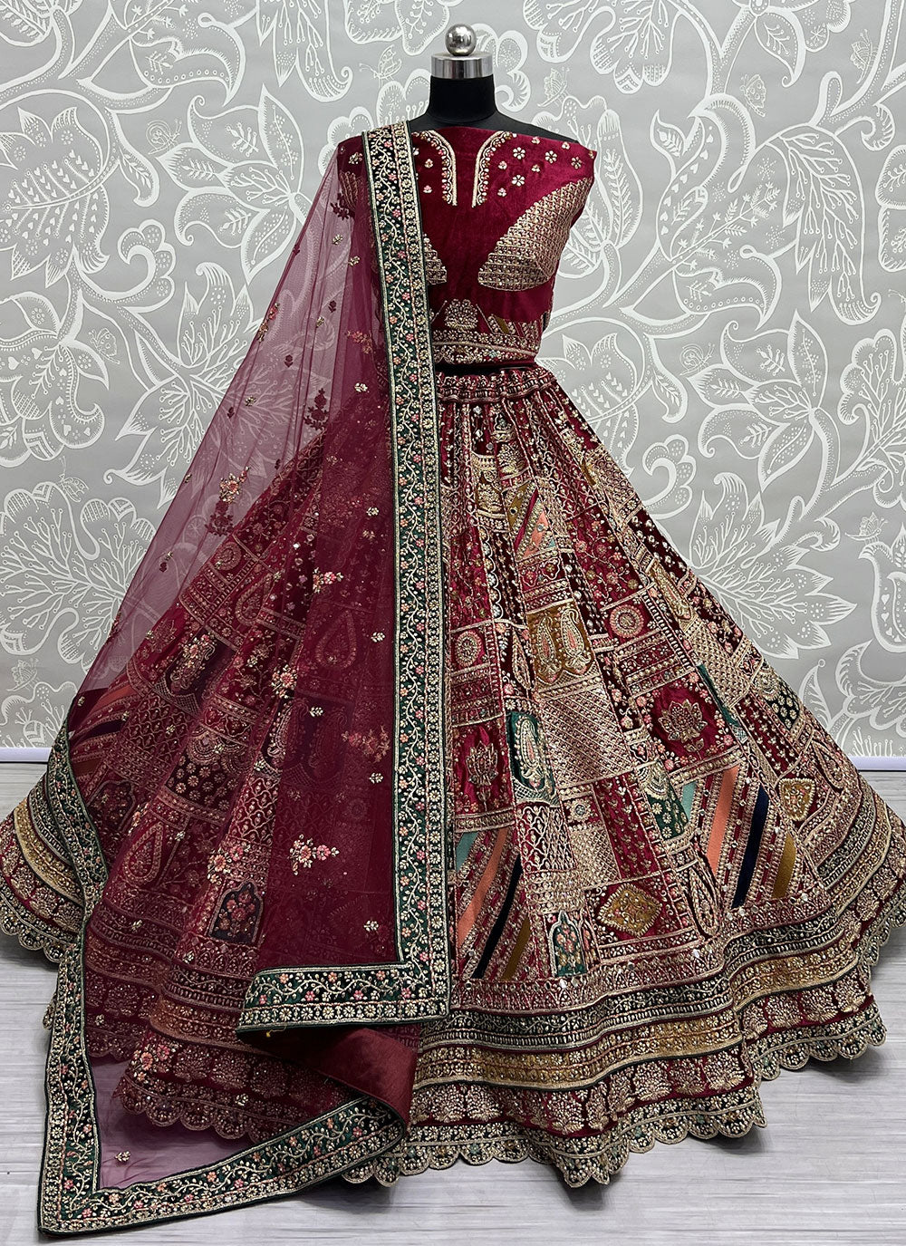 Embroidered, Patch Border, Sequins And Zari Work Velvet A - Line Lehenga Choli In Maroon For Bridal